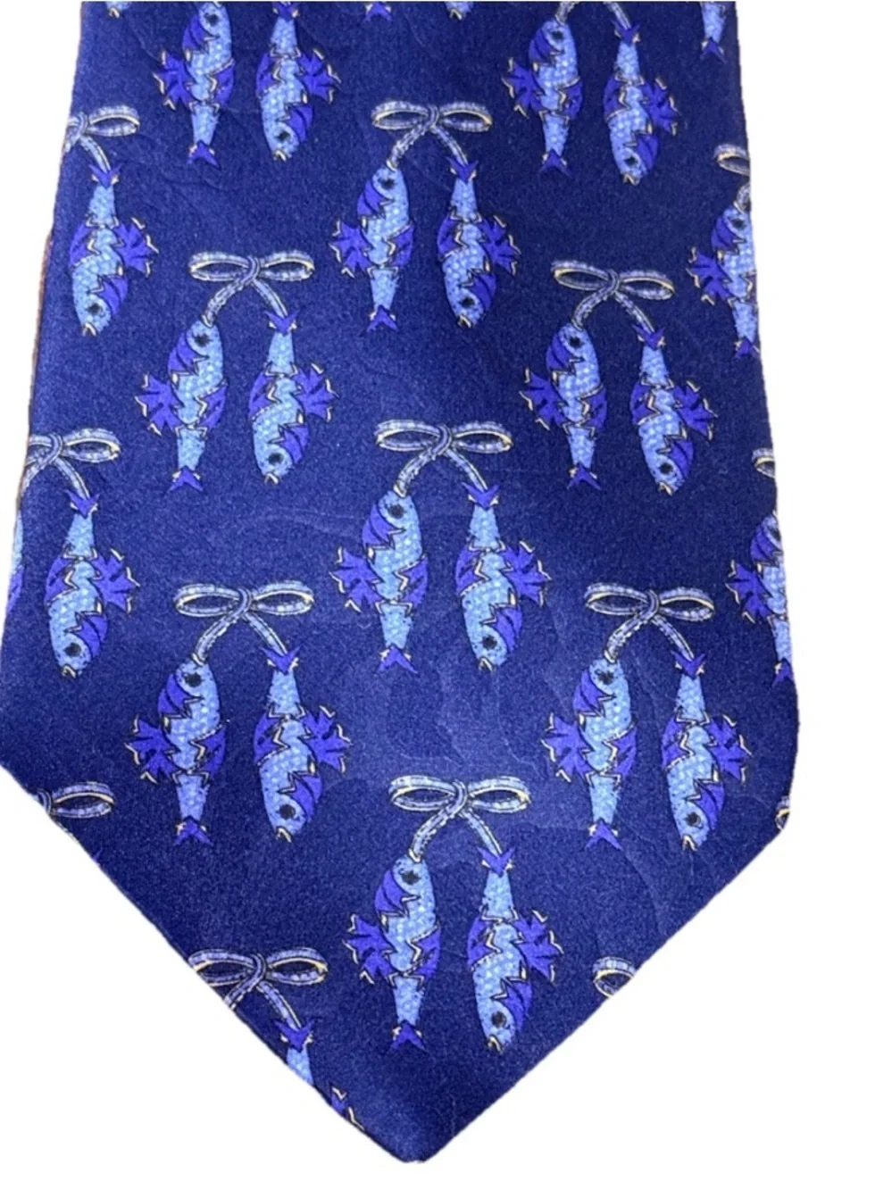 Lanvin Paris 100% Silk Tie Navy Novelty Fish Bow Print Made in France 1980s